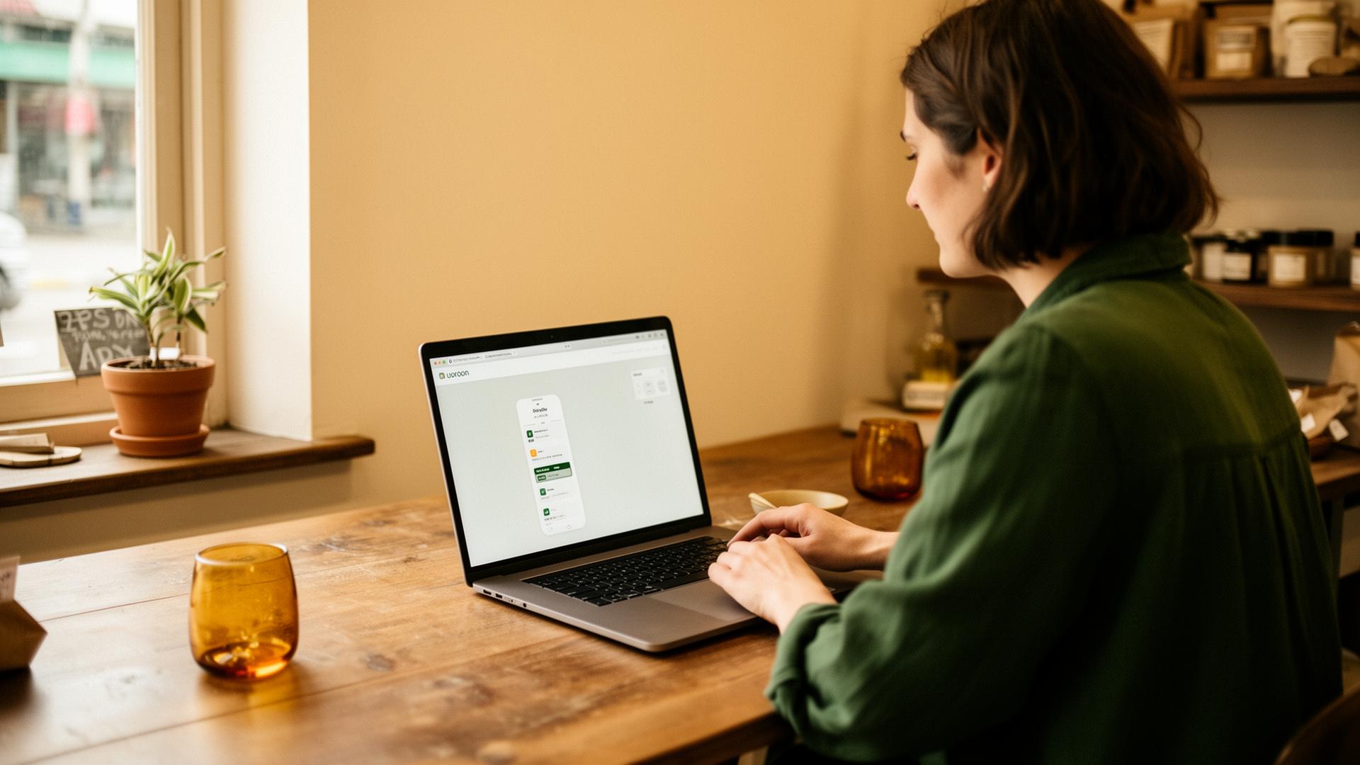 A local business owner working at a wooden table with a laptop in warm daylight